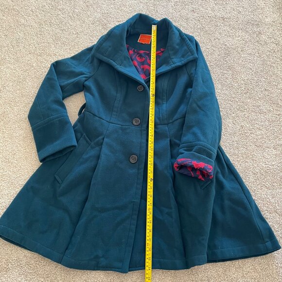 Modcloth Teal Overcoat With Vibrant Pink & Purple Cat Print Lining Size M - Picture 8 of 12